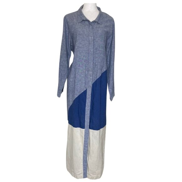 Ashley Stewart Dresses & Skirts - Ashley Stewart Blue Linen Cotton ColorBlock Button Front Maxi Dress Size 18